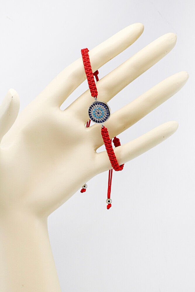 Kırmızı Renkli Asansörlü Gümüş Zirkon Taşlı Nazar Bileklik, Hediyelik Bileklik