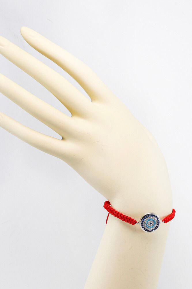Kırmızı Renkli Asansörlü Gümüş Zirkon Taşlı Nazar Bileklik, Hediyelik Bileklik
