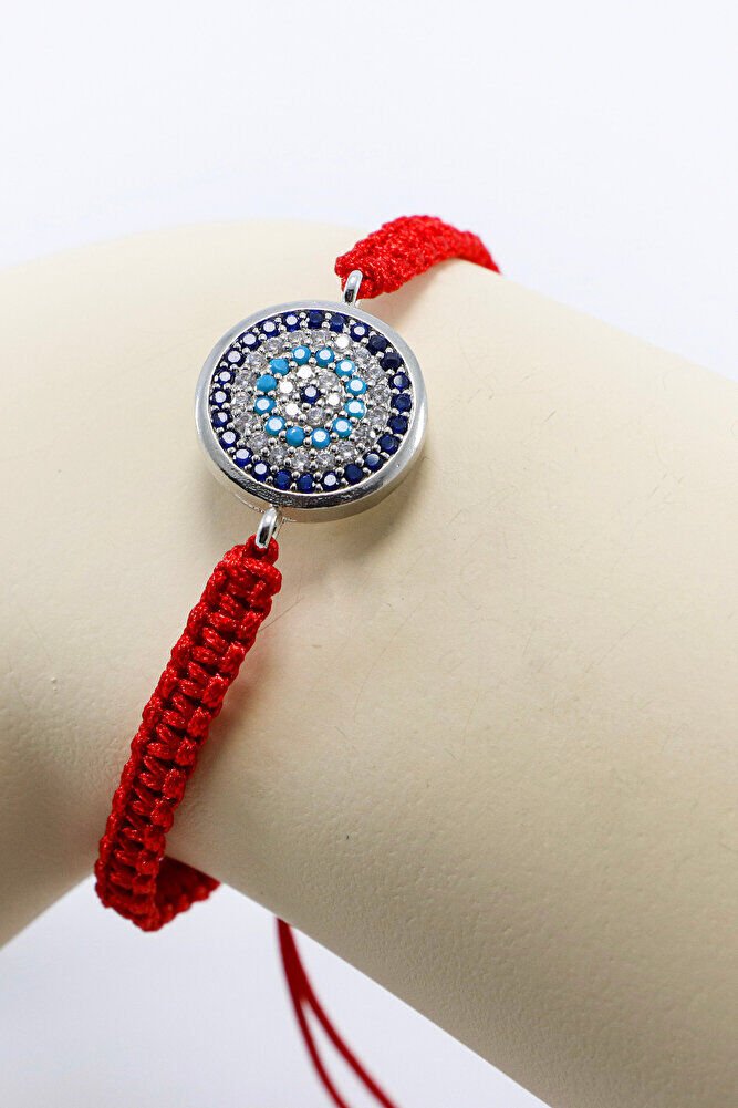 Kırmızı Renkli Asansörlü Gümüş Zirkon Taşlı Nazar Bileklik, Hediyelik Bileklik