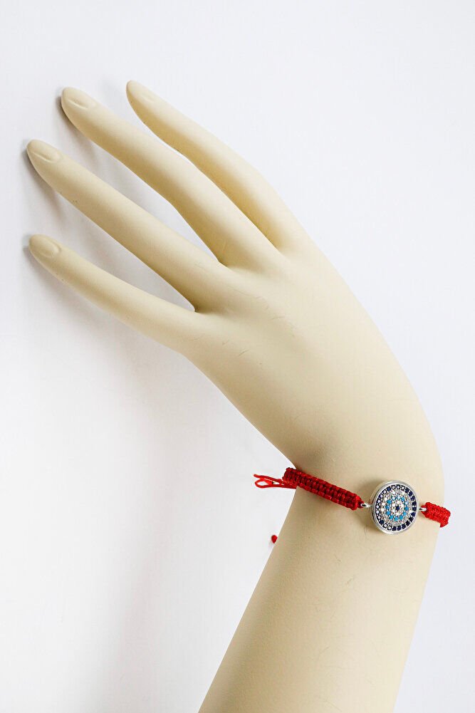 Kırmızı Renkli Asansörlü Gümüş Zirkon Taşlı Nazar Bileklik, Hediyelik Bileklik