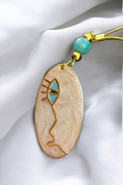 Turkuaz Doğal Taşlı Sedefli Dikiz Ayna Süsü, Metal Lineart Yüz Figürü Tarz Yeni Araba Hediyesi