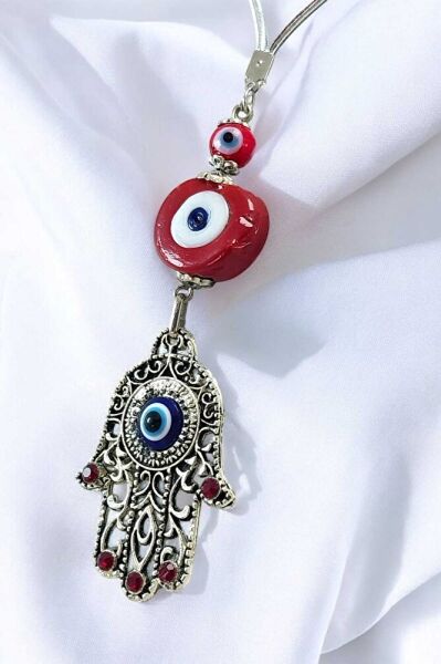 Kırmızı Nazar Boncuğu Hamse / Fatıma Eli Araba Dikiz Ayna Süsü Lüks Hediyelik Aksesuar