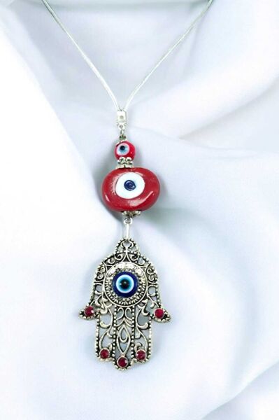 Kırmızı Nazar Boncuğu Hamse / Fatıma Eli Araba Dikiz Ayna Süsü Lüks Hediyelik Aksesuar