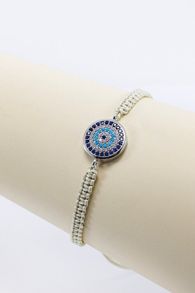 Beige Colored Elevator Silver Zircon Stone Evil Eye Bracelet, Gift Bracelet