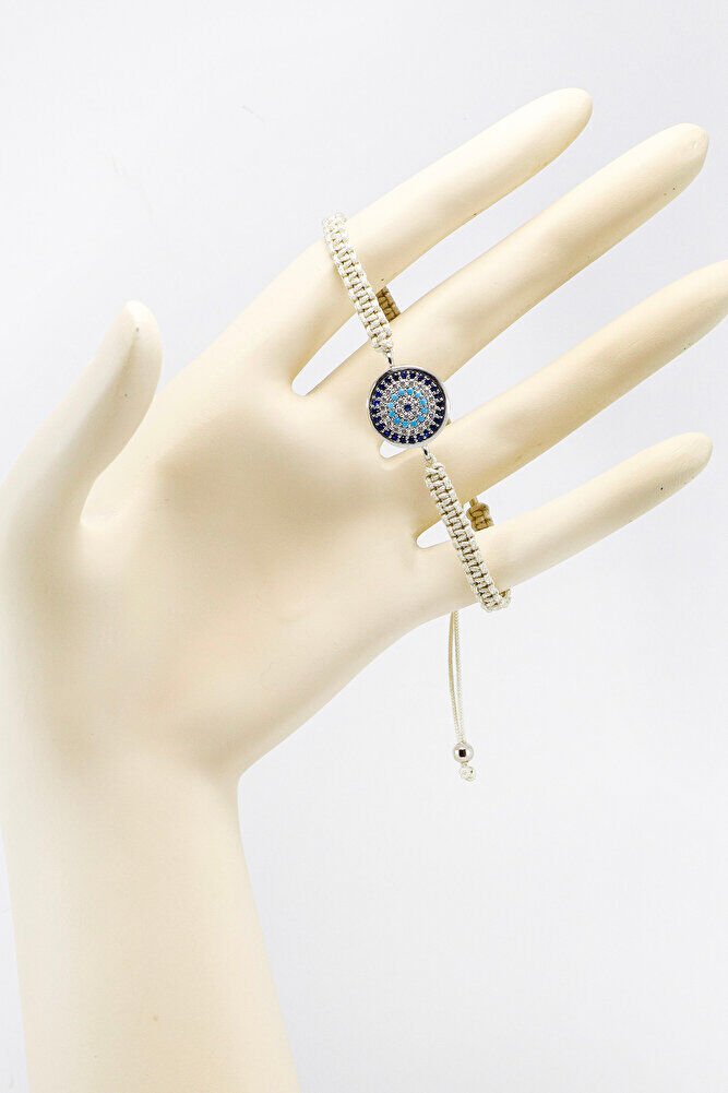 Beige Colored Elevator Silver Zircon Stone Evil Eye Bracelet, Gift Bracelet
