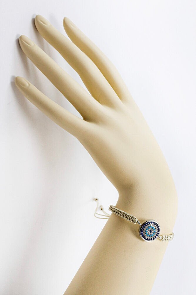 Beige Colored Elevator Silver Zircon Stone Evil Eye Bracelet, Gift Bracelet