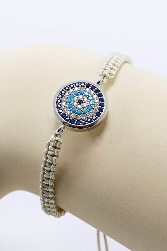 Beige Colored Elevator Silver Zircon Stone Evil Eye Bracelet, Gift Bracelet