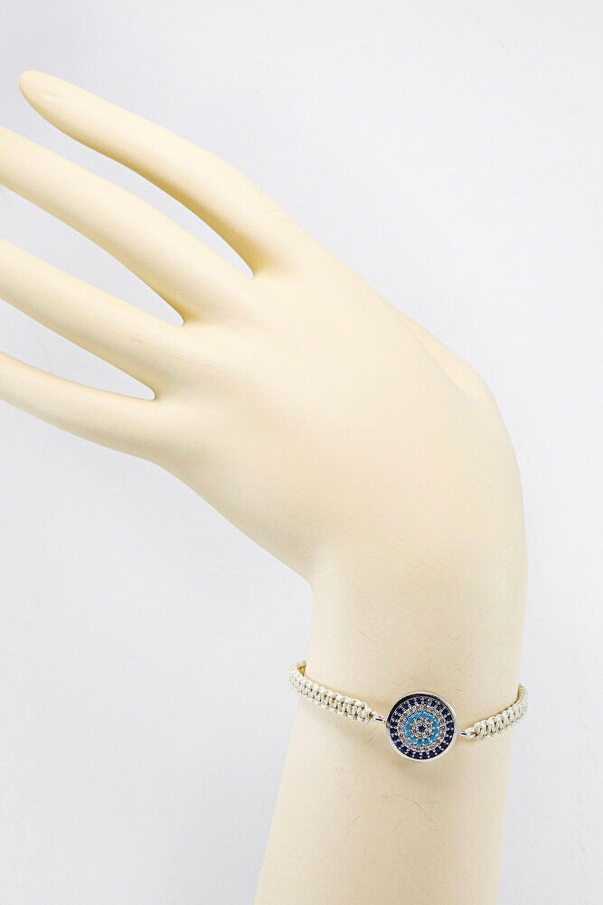 Beige Colored Elevator Silver Zircon Stone Evil Eye Bracelet, Gift Bracelet