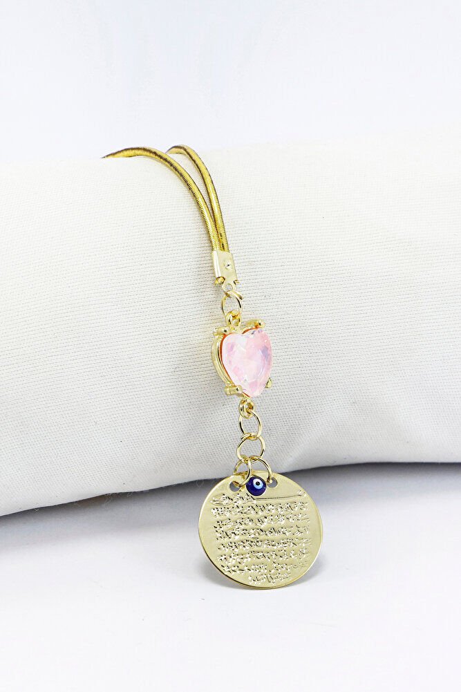 Parlak Taşlı Pembe Kalp Metal Ayet'el Kürsi Nazar Boncuğu Araba Dikiz Ayna Süsü Gold Renkli