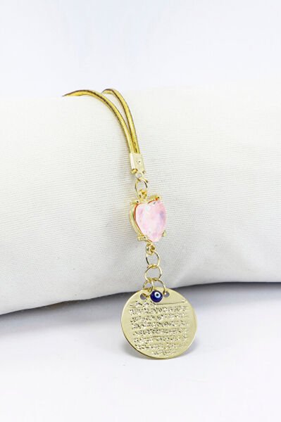 Parlak Taşlı Pembe Kalp Metal Ayet'el Kürsi Nazar Boncuğu Araba Dikiz Ayna Süsü Gold Renkli