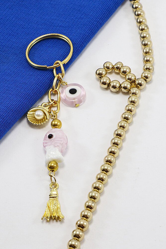 Pembe Renkli El Yapımı Cam Nazarlı Balık İncili Deniz Kabuğu Salkım Anahtarlık