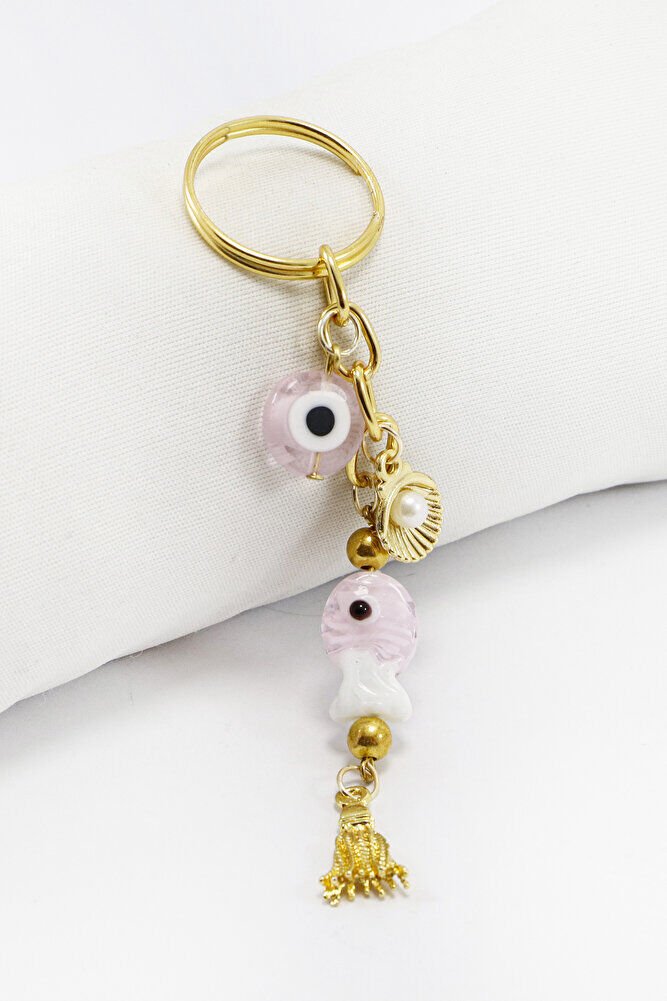 Pembe Renkli El Yapımı Cam Nazarlı Balık İncili Deniz Kabuğu Salkım Anahtarlık