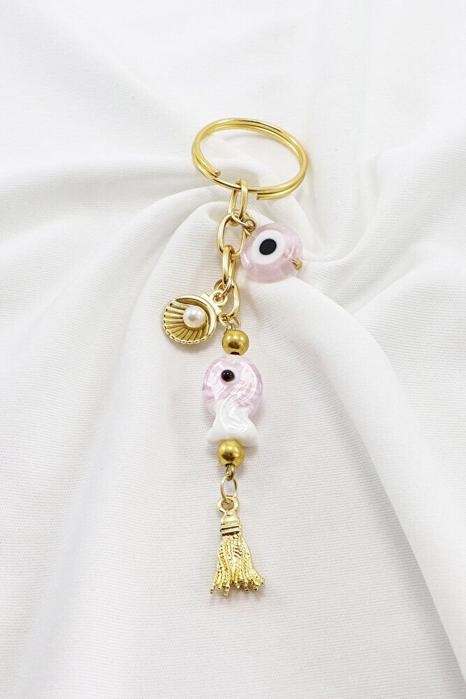 Pembe Renkli El Yapımı Cam Nazarlı Balık İncili Deniz Kabuğu Salkım Anahtarlık