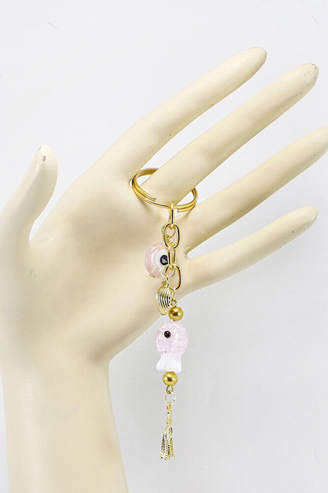 Pembe Renkli El Yapımı Cam Nazarlı Balık İncili Deniz Kabuğu Salkım Anahtarlık