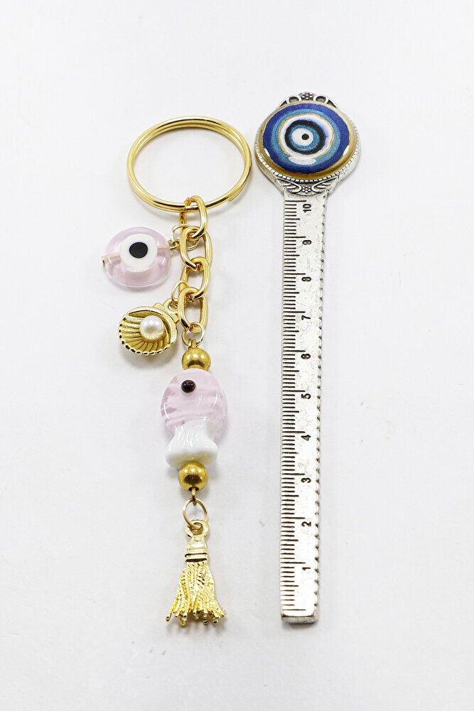 Pembe Renkli El Yapımı Cam Nazarlı Balık İncili Deniz Kabuğu Salkım Anahtarlık