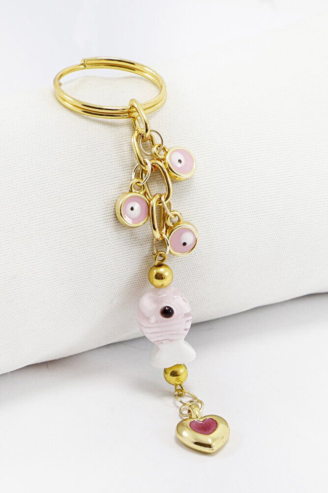 Küçük Nazarlı Pembe Renkli El Yapımı Cam Balıklı Kalpli Salkım Anahtarlık, Hediyelik Çanta Süsü