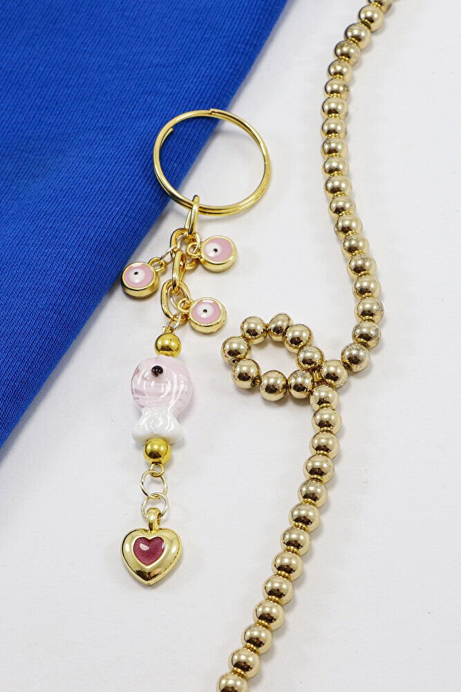 Küçük Nazarlı Pembe Renkli El Yapımı Cam Balıklı Kalpli Salkım Anahtarlık, Hediyelik Çanta Süsü