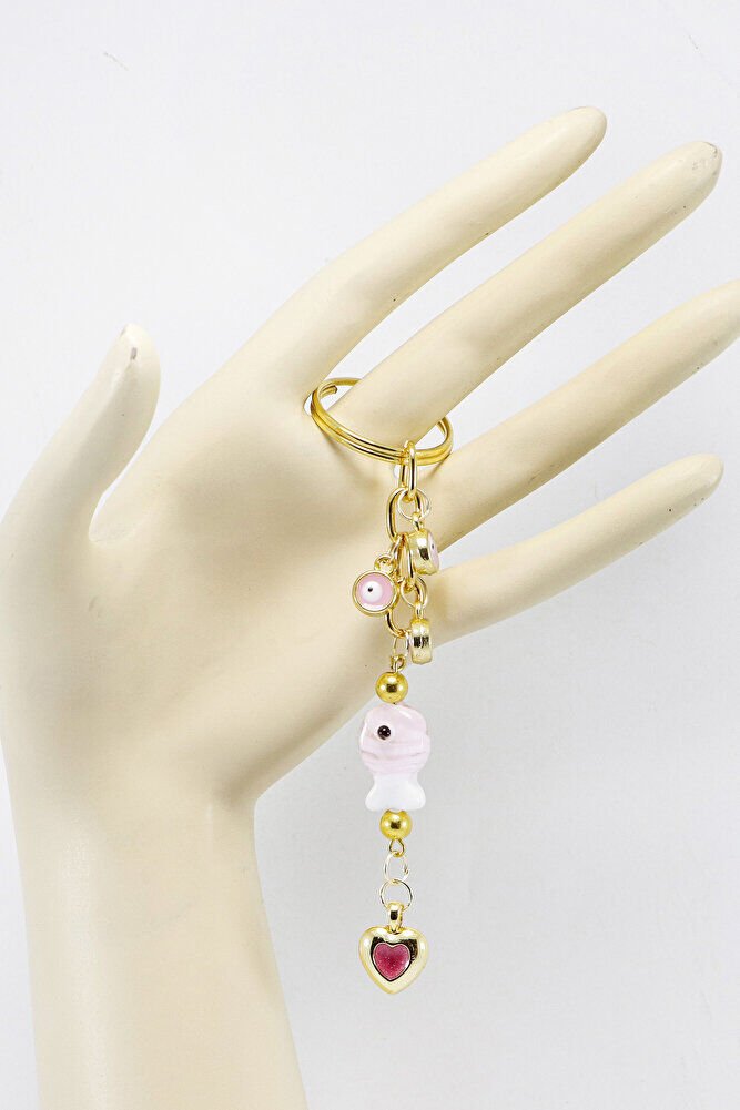 Küçük Nazarlı Pembe Renkli El Yapımı Cam Balıklı Kalpli Salkım Anahtarlık, Hediyelik Çanta Süsü