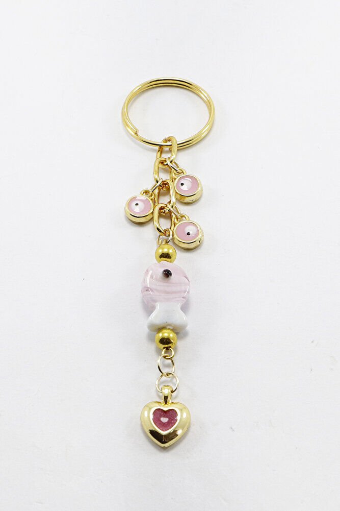 Küçük Nazarlı Pembe Renkli El Yapımı Cam Balıklı Kalpli Salkım Anahtarlık, Hediyelik Çanta Süsü