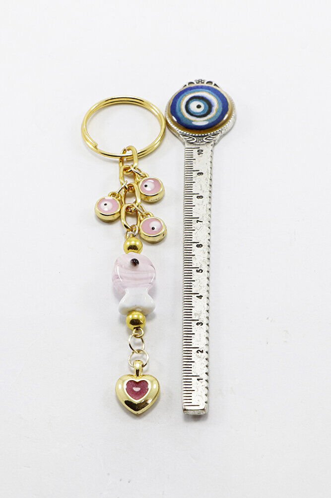 Küçük Nazarlı Pembe Renkli El Yapımı Cam Balıklı Kalpli Salkım Anahtarlık, Hediyelik Çanta Süsü