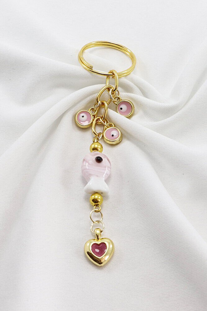 Küçük Nazarlı Pembe Renkli El Yapımı Cam Balıklı Kalpli Salkım Anahtarlık, Hediyelik Çanta Süsü