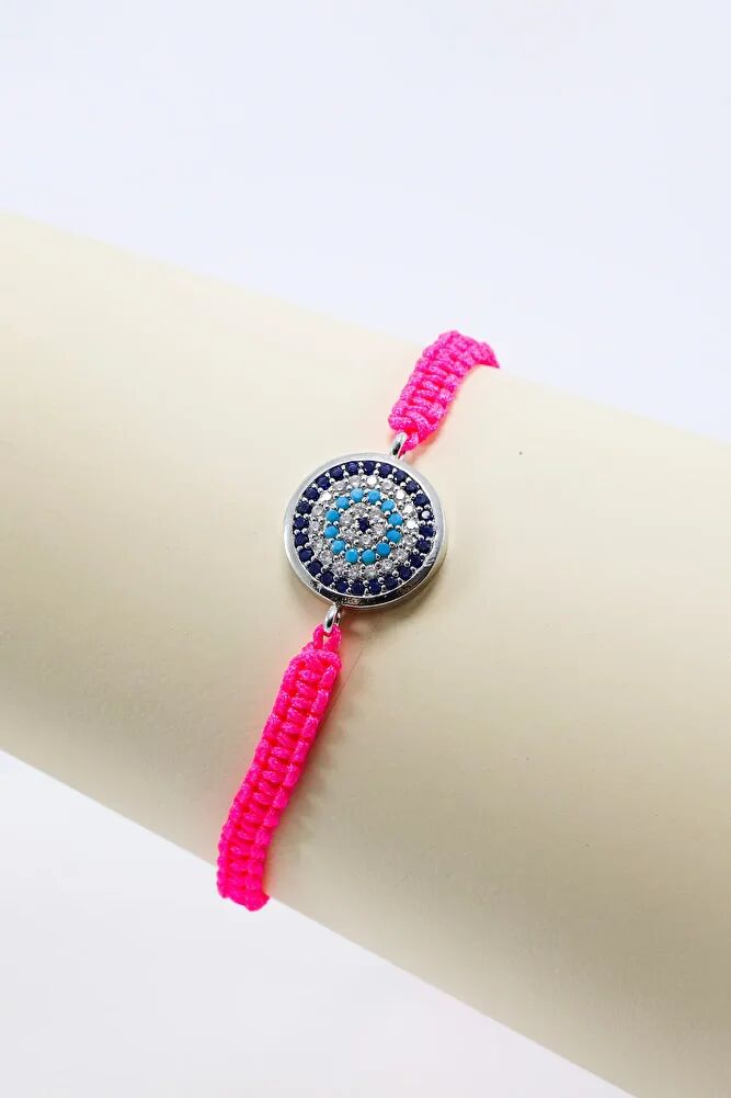 Pink Colored Elevator Silver Zircon Stone Evil Eye Bracelet, Gift Bracelet
