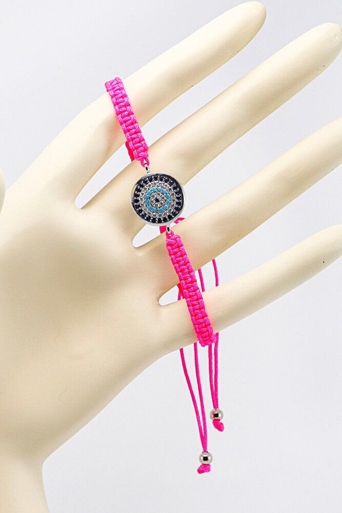 Pink Colored Elevator Silver Zircon Stone Evil Eye Bracelet, Gift Bracelet