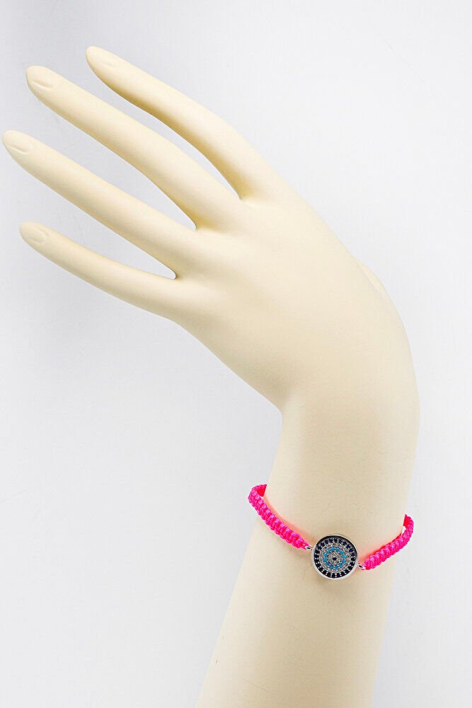 Pink Colored Elevator Silver Zircon Stone Evil Eye Bracelet, Gift Bracelet