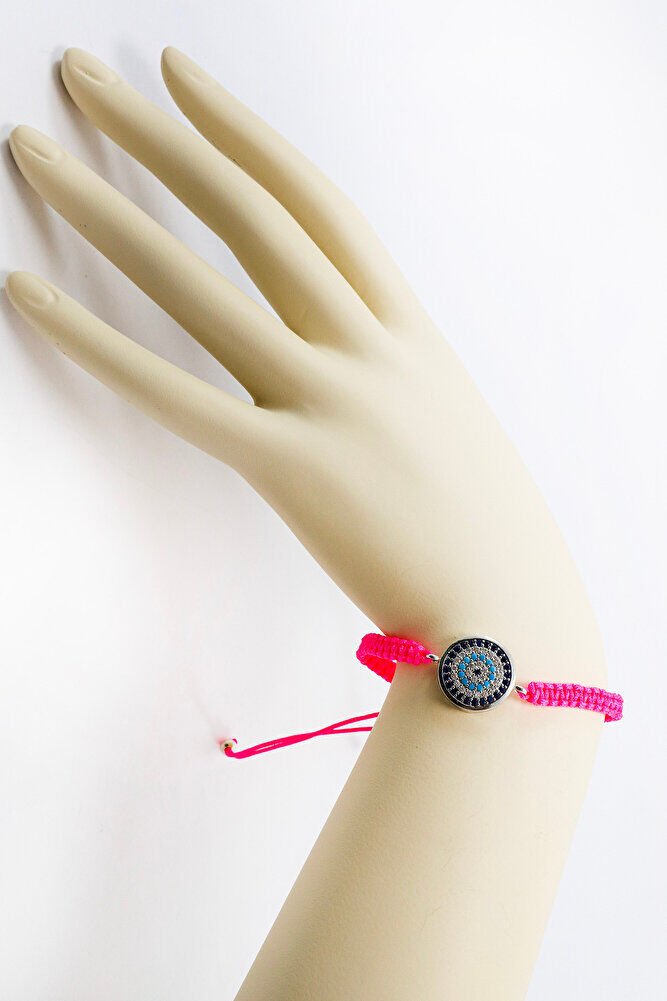 Pink Colored Elevator Silver Zircon Stone Evil Eye Bracelet, Gift Bracelet