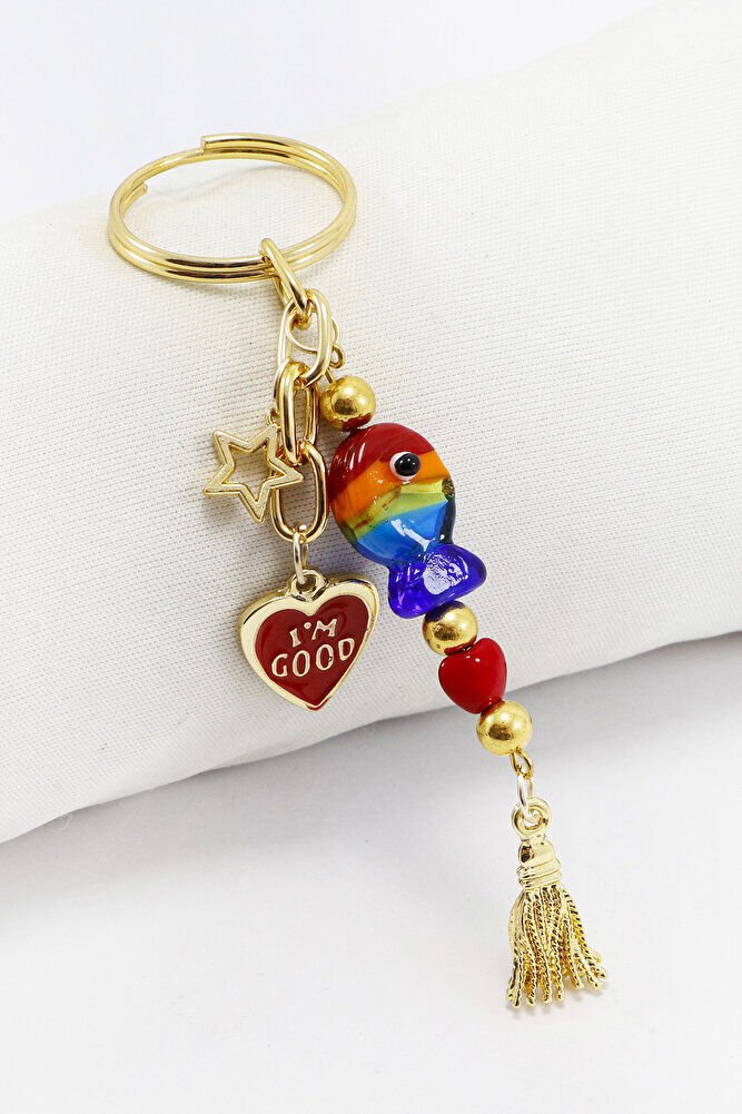 Renkli El Yapımı Cam Balıklı Kalpli Salkım Anahtarlık, Hediyelik Çanta Süsü