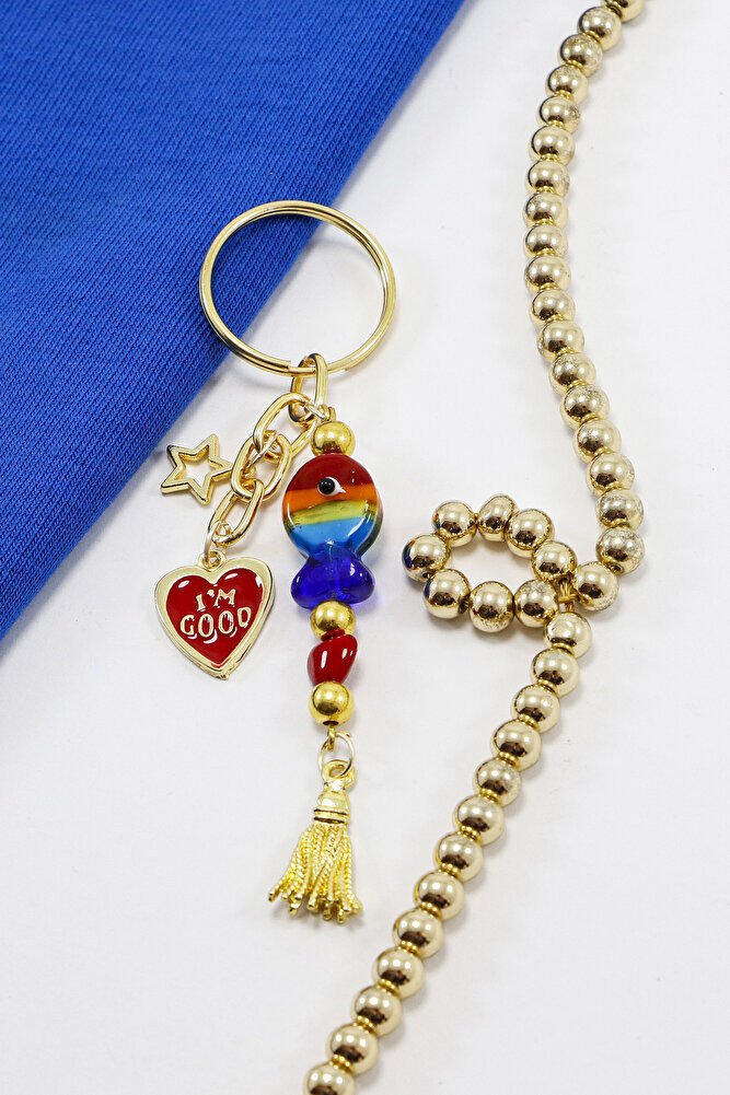 Renkli El Yapımı Cam Balıklı Kalpli Salkım Anahtarlık, Hediyelik Çanta Süsü