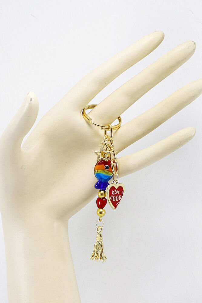 Renkli El Yapımı Cam Balıklı Kalpli Salkım Anahtarlık, Hediyelik Çanta Süsü