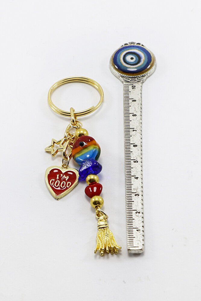 Renkli El Yapımı Cam Balıklı Kalpli Salkım Anahtarlık, Hediyelik Çanta Süsü