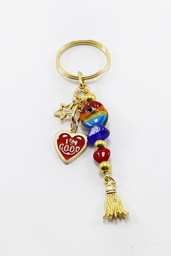 Renkli El Yapımı Cam Balıklı Kalpli Salkım Anahtarlık, Hediyelik Çanta Süsü