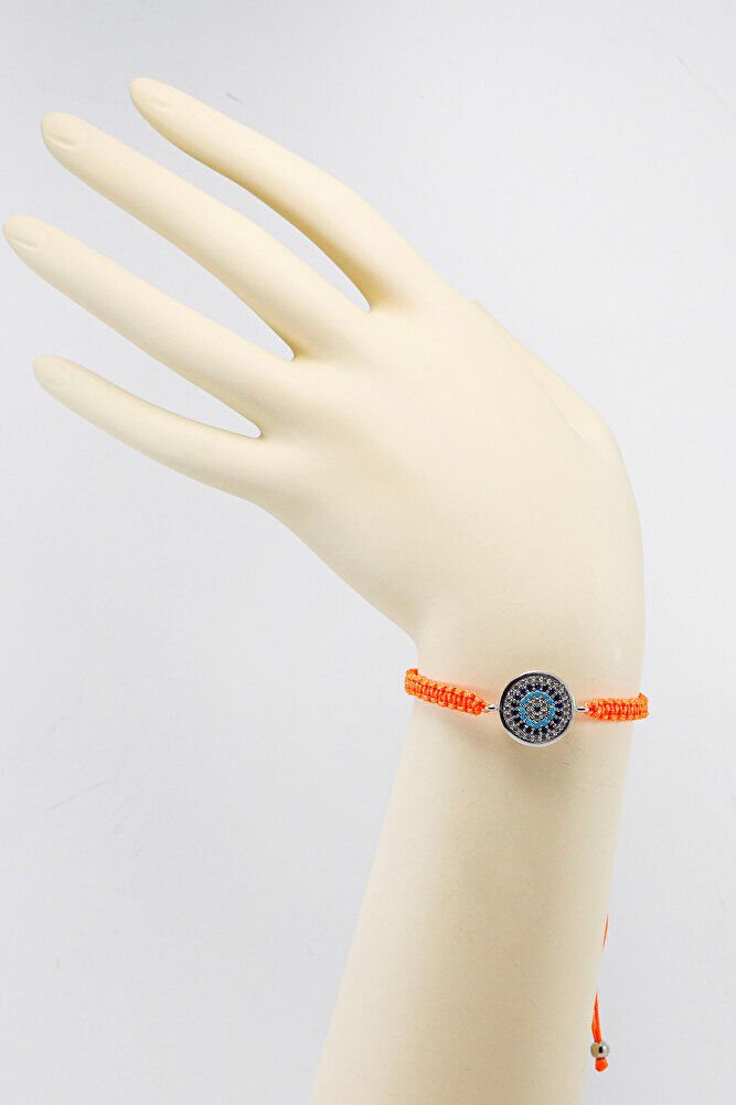 Orange Colored Elevator Silver Zircon Stone Evil Eye Bracelet, Gift Bracelet