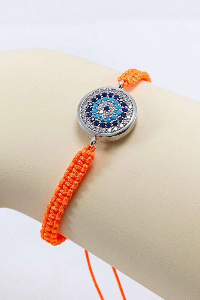 Orange Colored Elevator Silver Zircon Stone Evil Eye Bracelet, Gift Bracelet