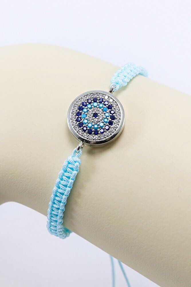 Açık Turkuaz Renkli Asansörlü Gümüş Zirkon Taşlı Nazar Bileklik, Hediyelik Bileklik