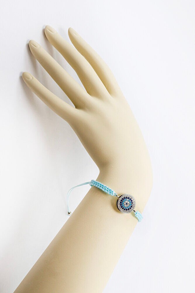 Açık Turkuaz Renkli Asansörlü Gümüş Zirkon Taşlı Nazar Bileklik, Hediyelik Bileklik
