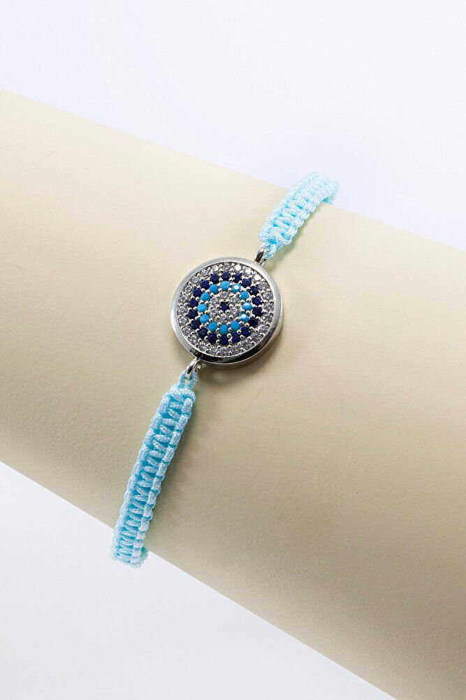 Açık Turkuaz Renkli Asansörlü Gümüş Zirkon Taşlı Nazar Bileklik, Hediyelik Bileklik