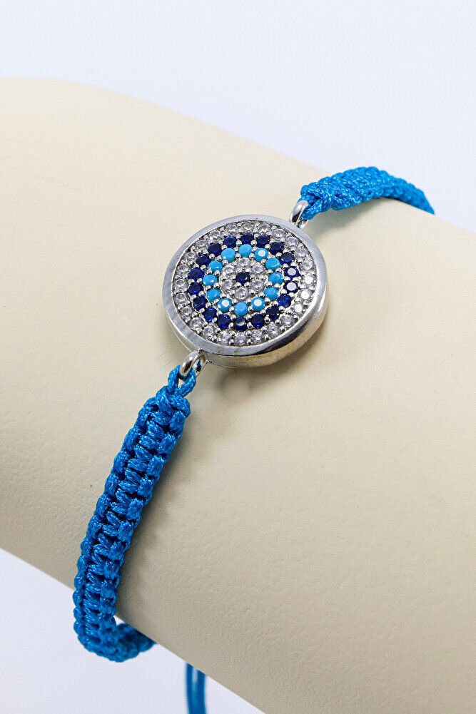 Koyu Turkuaz Asansörlü Gümüş Renk Zirkon Taşlı Nazar Bileklik, Hediyelik Bileklik