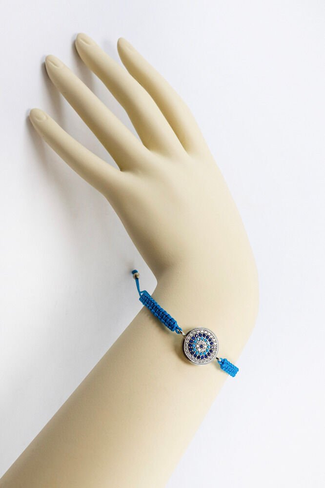 Koyu Turkuaz Asansörlü Gümüş Renk Zirkon Taşlı Nazar Bileklik, Hediyelik Bileklik