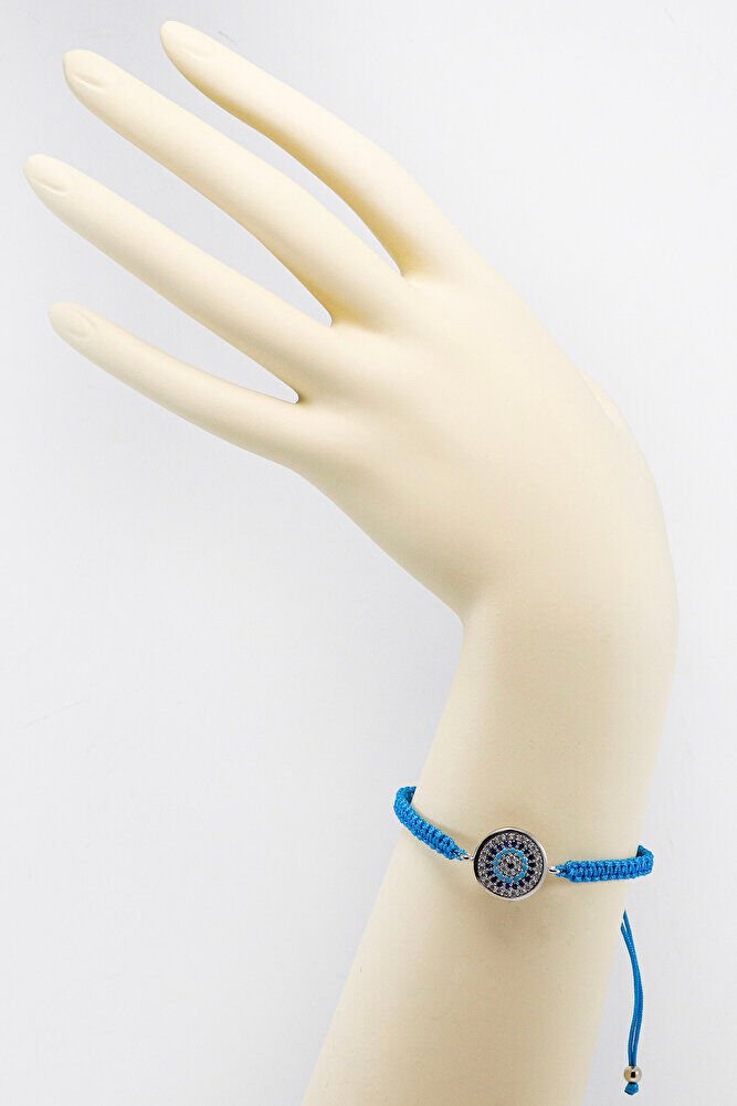 Koyu Turkuaz Asansörlü Gümüş Renk Zirkon Taşlı Nazar Bileklik, Hediyelik Bileklik