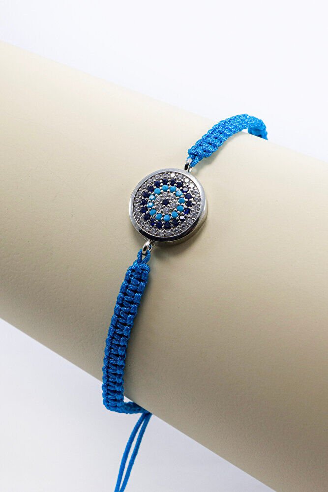 Koyu Turkuaz Asansörlü Gümüş Renk Zirkon Taşlı Nazar Bileklik, Hediyelik Bileklik