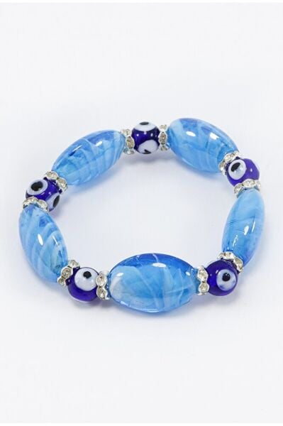 Bebe Mavisi Yassı Boncuklu Bileklik, Hediyelik El Yapımı Cam Nazar Boncuklu Bileklik