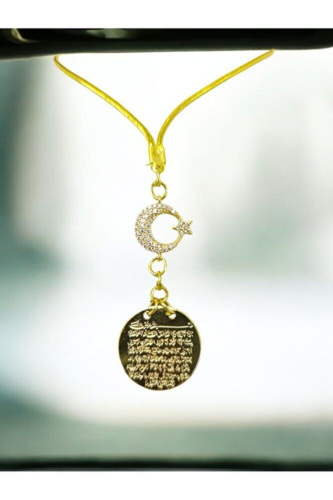 Gold Renkli Metal Hilal Ay Yıldız Ayetel Kürsi Araba Dikiz Ayna Süsü, Yeni Araba Hediyesi