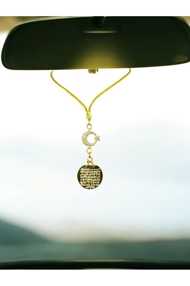 Gold Renkli Metal Hilal Ay Yıldız Ayetel Kürsi Araba Dikiz Ayna Süsü, Yeni Araba Hediyesi