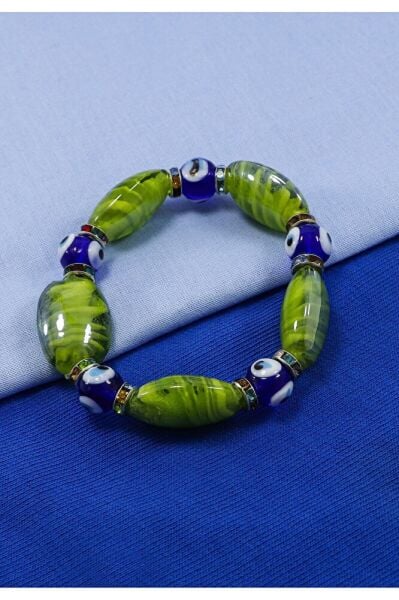 Yeşil Yassı Boncuklu Bileklik, Hediyelik El Yapımı Cam Nazar Boncuklu Bileklik