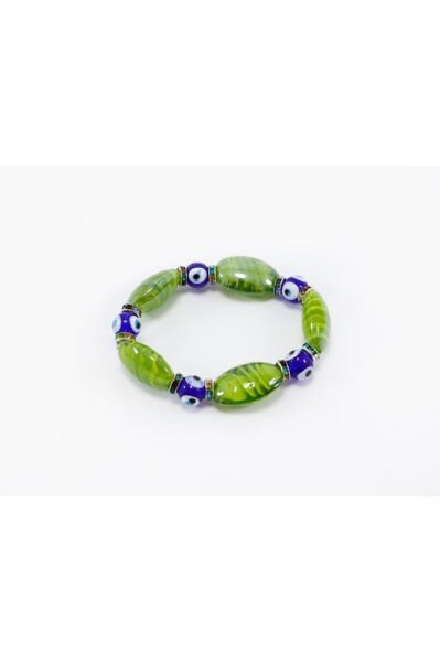 Yeşil Yassı Boncuklu Bileklik, Hediyelik El Yapımı Cam Nazar Boncuklu Bileklik