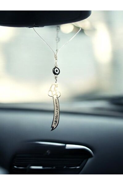 Çelik Zülfikar Kılıç Araba Dikiz Ayna Süsü, El Yapımı Cam Siyah Nazar Boncuğu Yeni Araba Hediyesi
