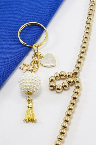 İncili Böğürtlen Boncuk Kalpli Salkım Anahtarlık, Hediyelik Çanta Süsü